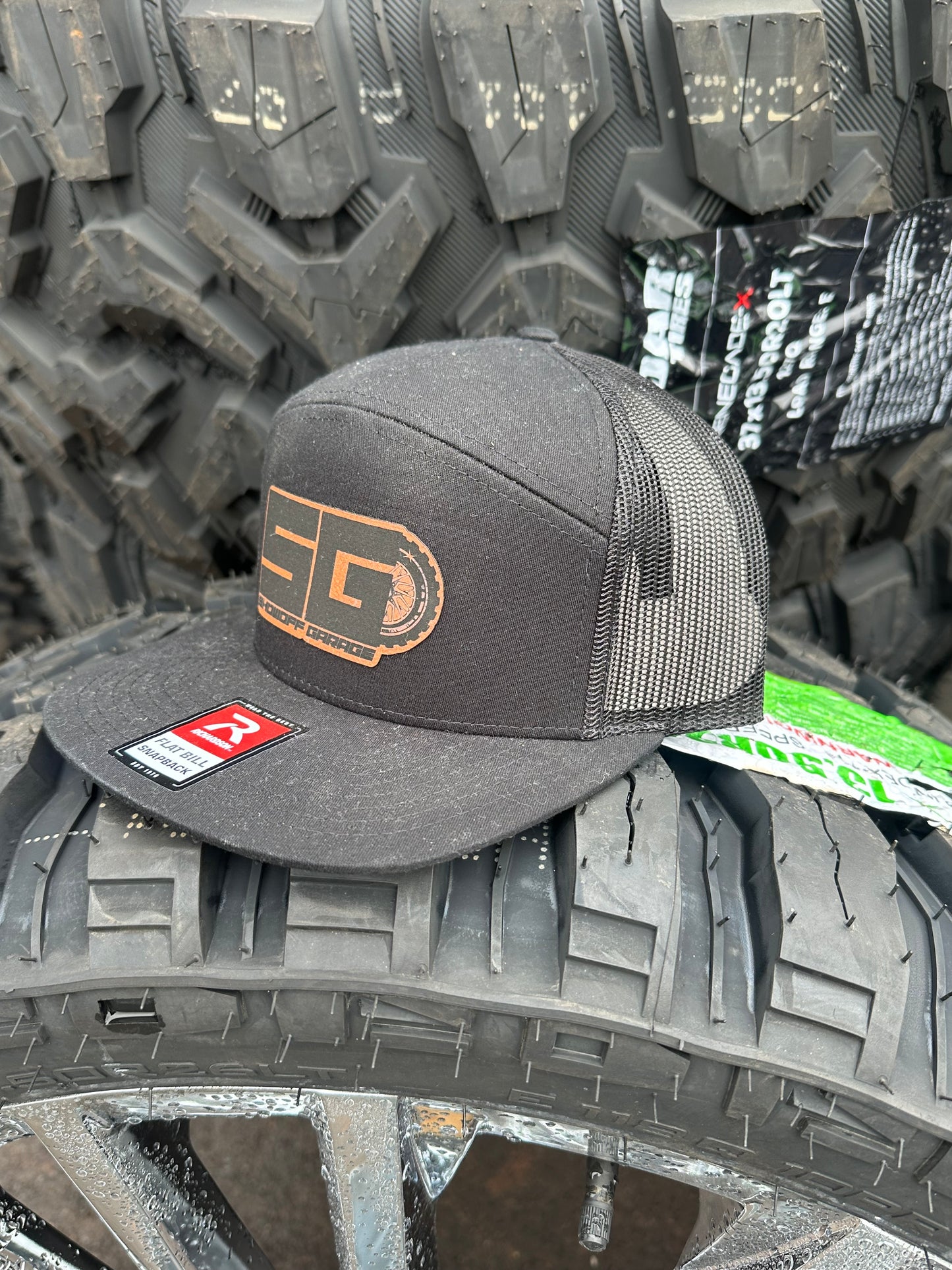 Black Flatbill Snapback Leather Patch Hat