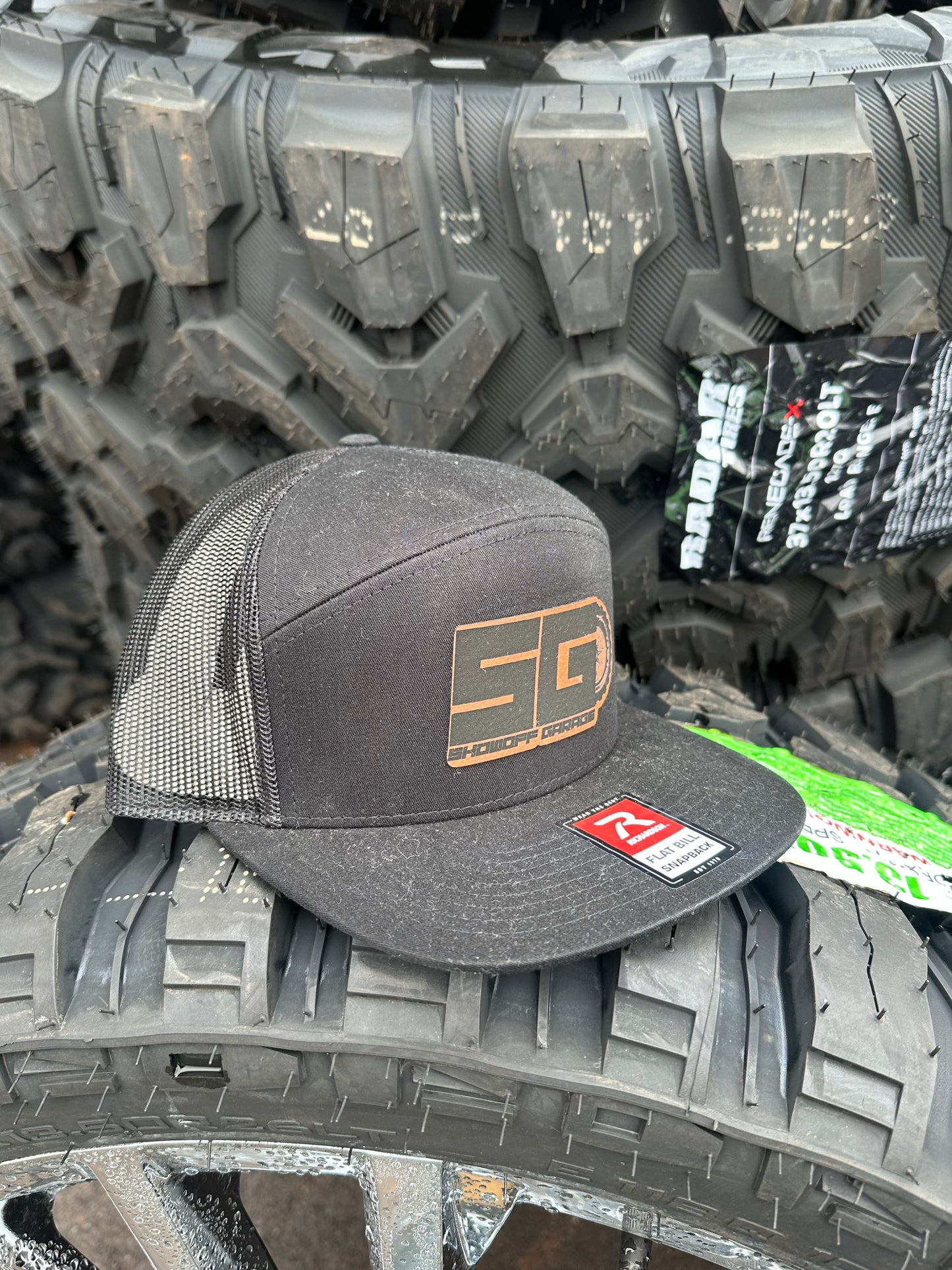 Black Flatbill Snapback Leather Patch Hat