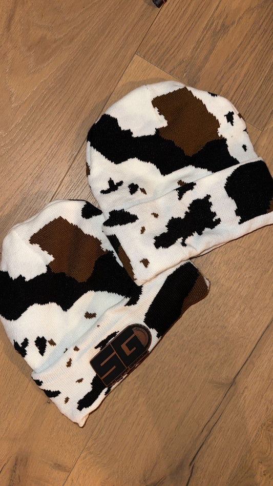 Cow Print Leather Patch Beanie