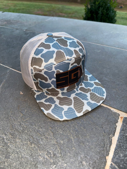 Pebble Camo Flat Bill 7 Panel Leather Patch Hat