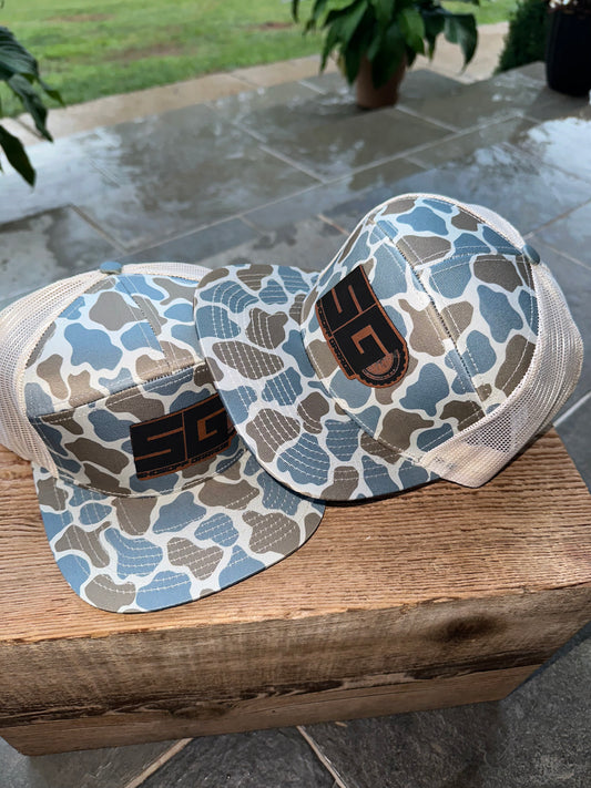 Pebble Camo Flat Bill 7 Panel Leather Patch Hat